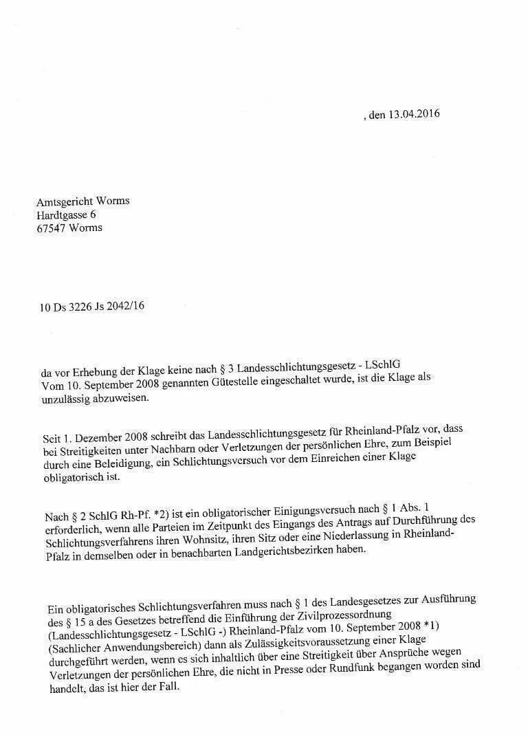 Martin Neumüller Aachen: Strafantrag nach Beleidigungsanzeige von Viktor Neumüller und eine rechtswidrige Klageerhebung durch die Richterin am Amtsgericht Worms Frauke Lattrell, erlassen.-05