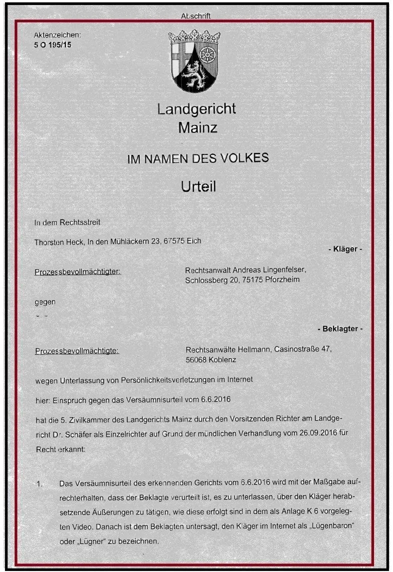 Landgericht Mainz Richter Schäfer Urteil für Thorsten Heck Eich und Ronja Heck Eich und LSH Anwaltskanzlei Pforzheim-01