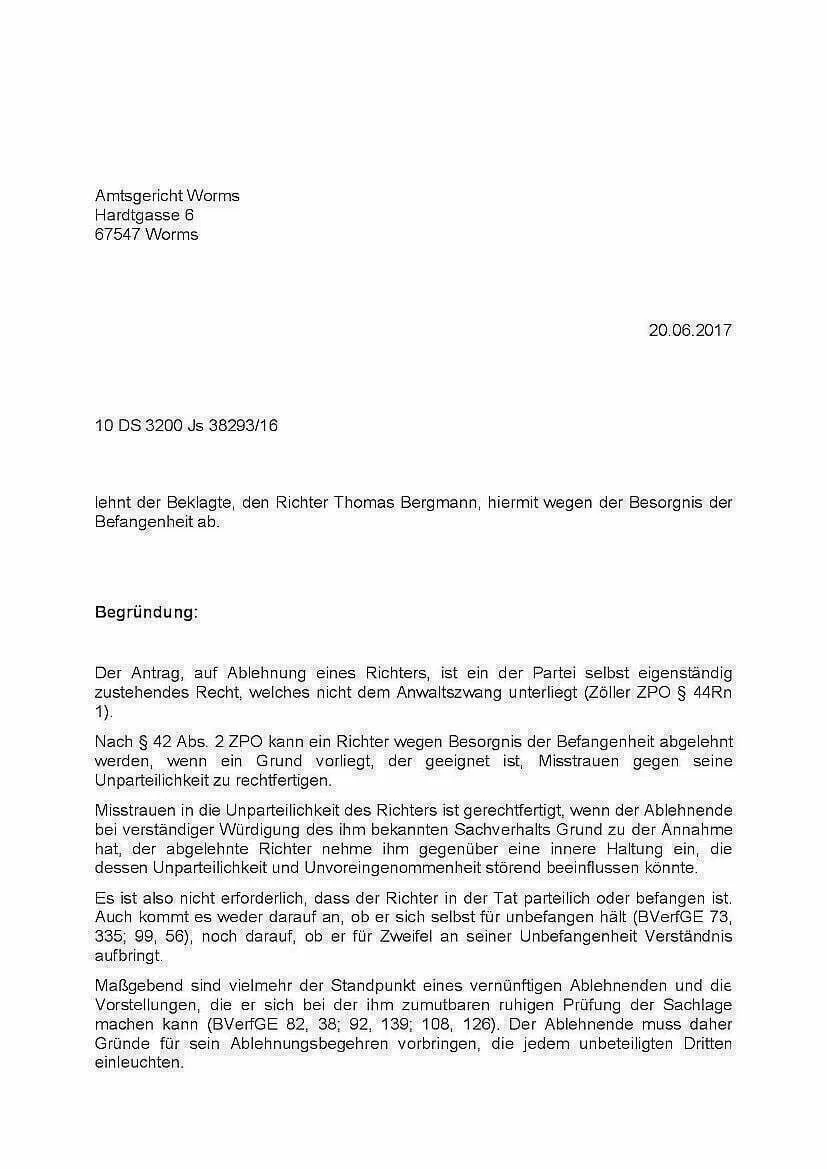 Befangenheitsantrag gegen Direktor Thomas Bergmann OLG Koblenz im Strafprozess am Amtsgericht Worms Seite-1