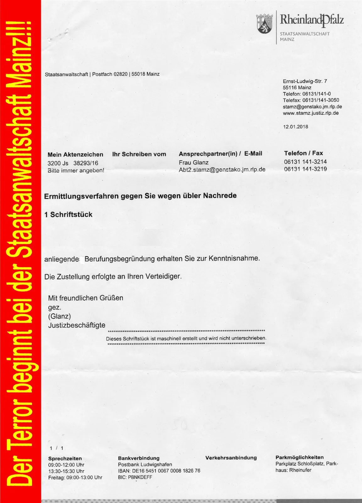 Unzulässige Sperrberufung der Staatsanwaltschaft Mainz Rainer Hofius Barbara Euler Nadine Moormann Alexandra Ernst ein Akt der Rechtsbeugung-01