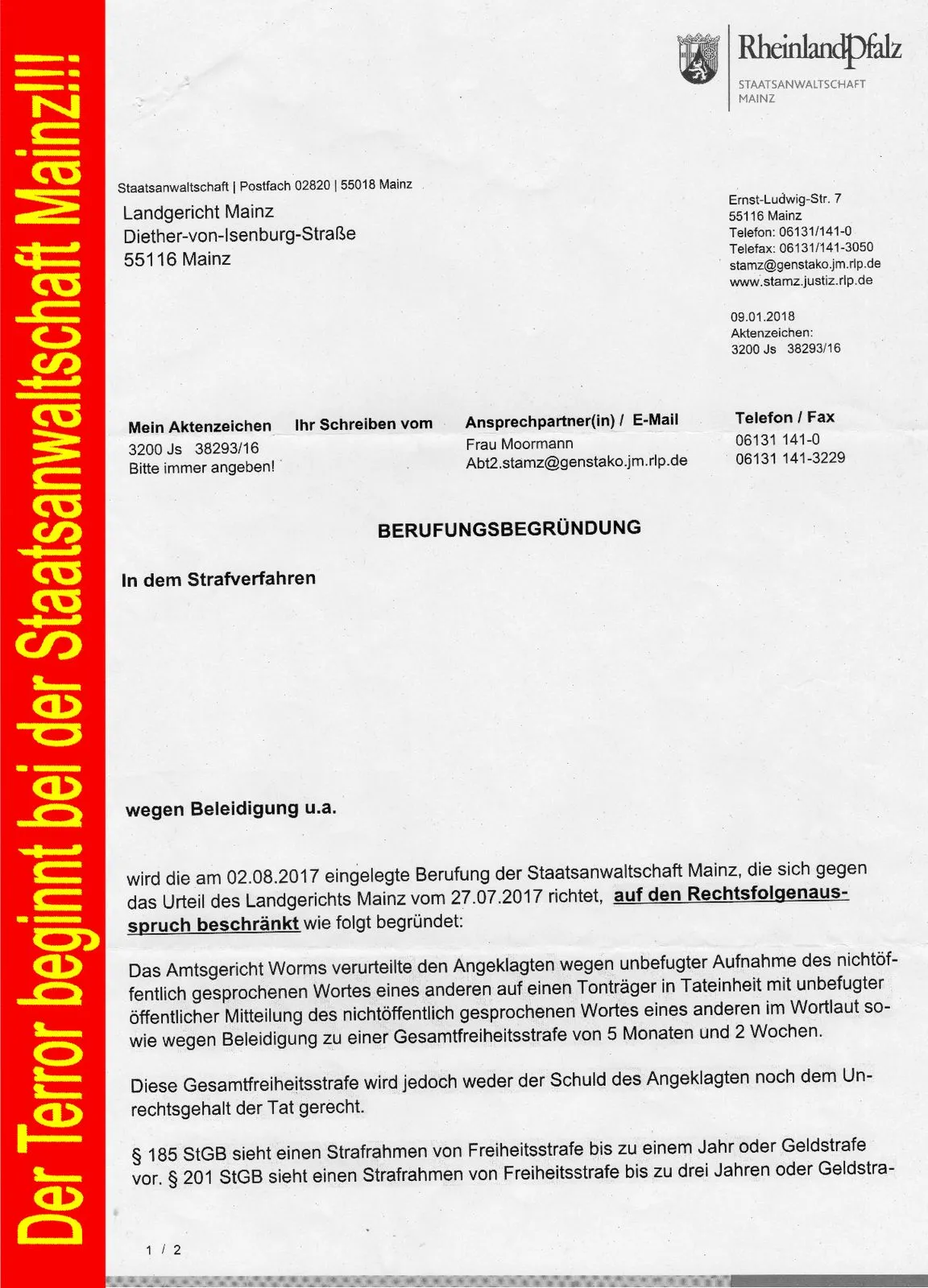 Unzulässige Sperrberufung der Staatsanwaltschaft Mainz Rainer Hofius Barbara Euler Nadine Moormann Alexandra Ernst ein Akt der Rechtsbeugung-02