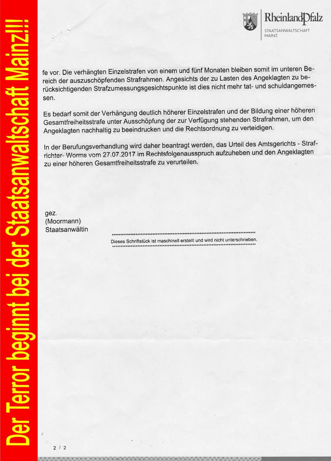 Unzulässige Sperrberufung der Staatsanwaltschaft Mainz Rainer Hofius Barbara Euler Nadine Moormann Alexandra Ernst ein Akt der Rechtsbeugung-03