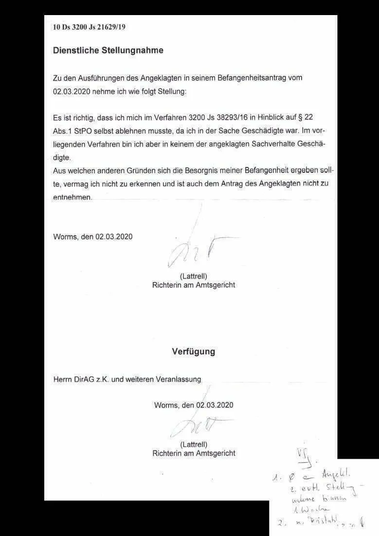 Dienstliche Stellungnahme 03.03.2020 von Richterin Frauke Lattrell am Amtsgericht Worms nach Befangenheitsantrag Direktor Rüdiger Orf AG Worms