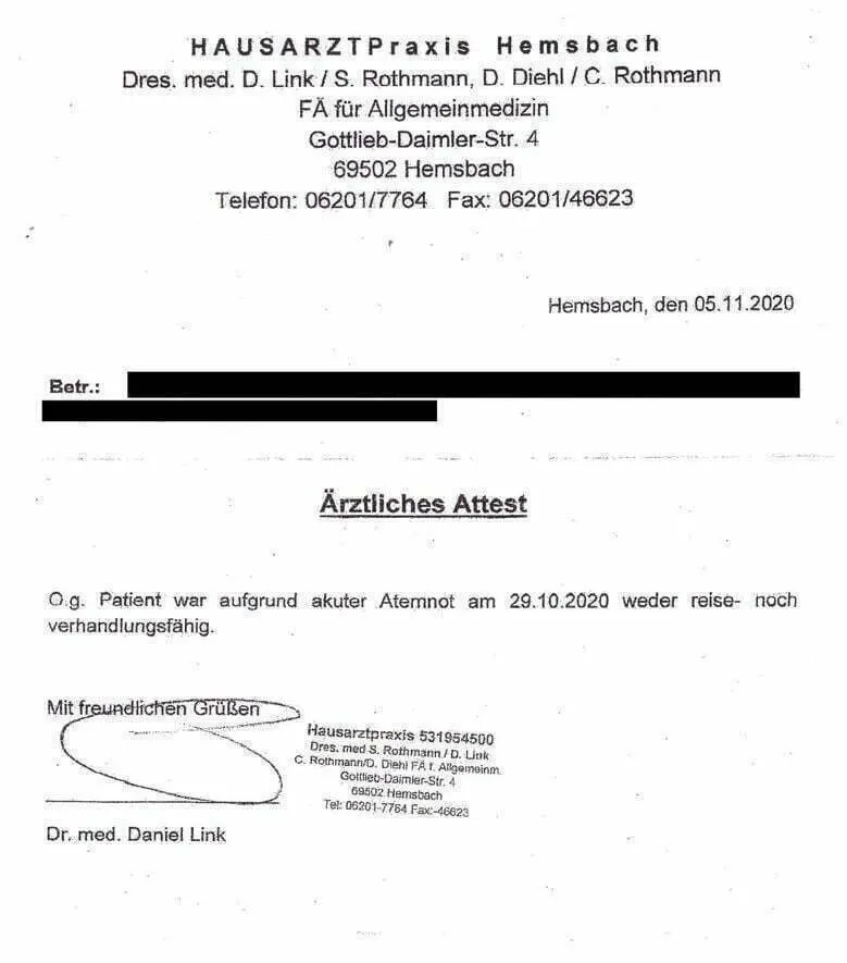 Richterin Karen Brandt Amtsgericht Worms begeht mit OSta Hofius Rechtsbeugungen Attest 05.11.2020 Dr Daniel Link Hemsbach-03