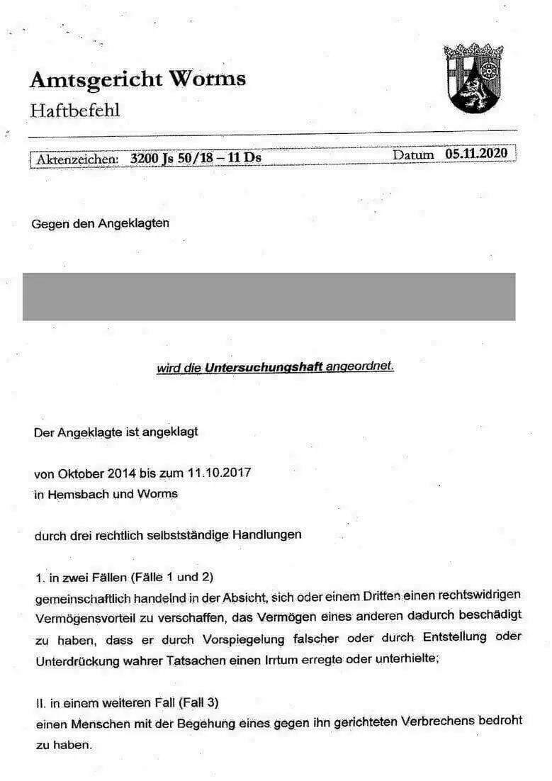 Richterin Brandt AG Worms erlässt einen rechtswidrigen Haftbefehl auf Antrag von OSta Rainer Hofius bei der Staatsanwaltschaft Mainz Haftbefehl Seite 1