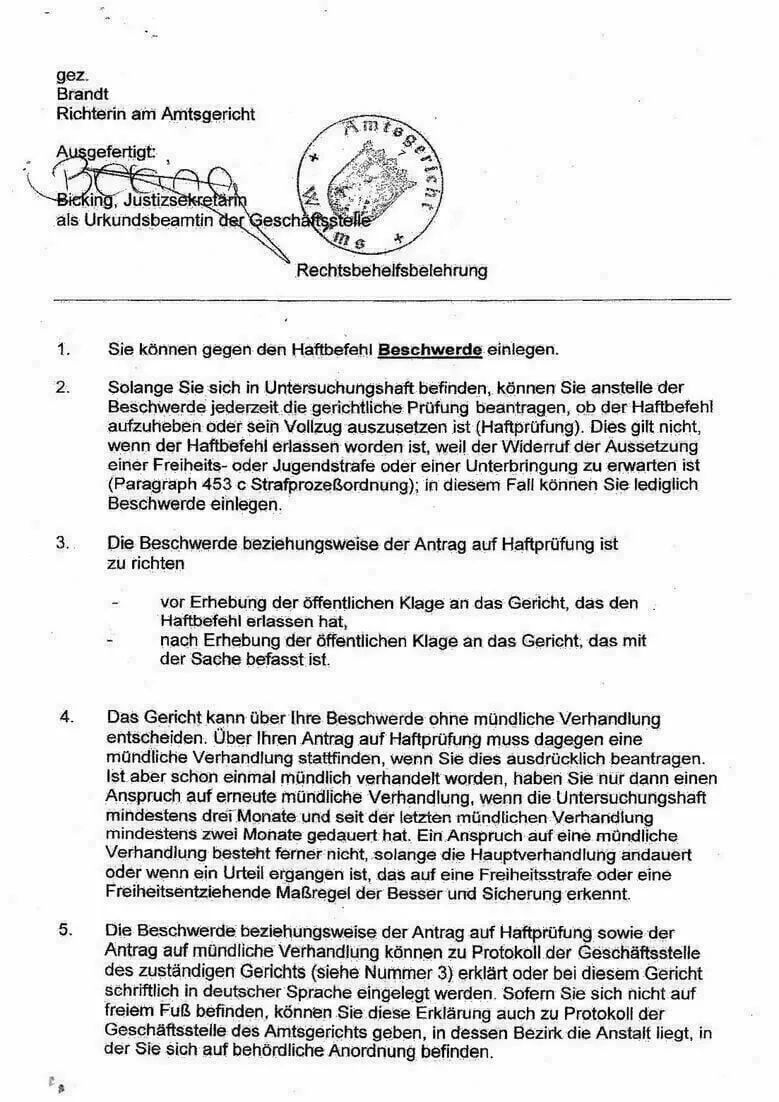 Richterin Brandt AG Worms erlässt einen rechtswidrigen Haftbefehl auf Antrag von OSta Rainer Hofius bei der Staatsanwaltschaft Mainz Haftbefehl Seite 2