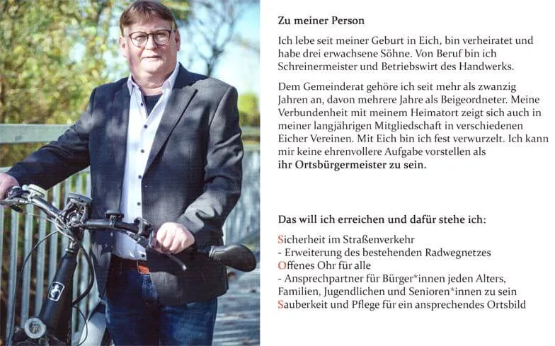 Wir für Eich SPD und Bernd Hermann - Einer von euch - Ortsbürgermeisterwahl am 10. Januar 2021 Wahlplakat hinten