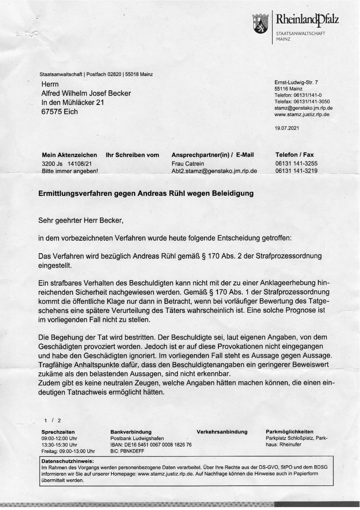 Andreas Rühl VG Eich zeigt Nachbarn zweimal den Fickfinger und Staatsanwaltschaft Mainz schaut weg da kein öffentliches Interesse Beschluss-01