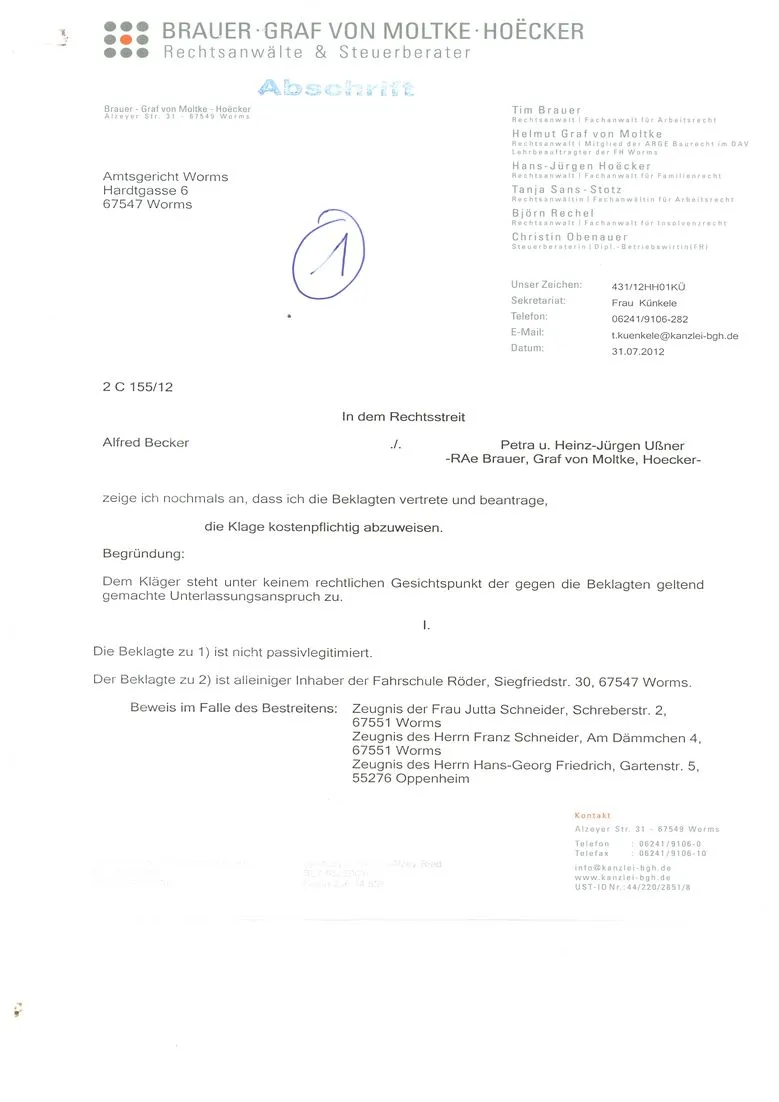 Einlassung Fahrschule Röder Worms mit Rechtsanwalt Hoecker Worms beim Amtsgericht Worms und die Lügen von Heinz-Jürgen Ußner und Petra Ußner Seite-01
