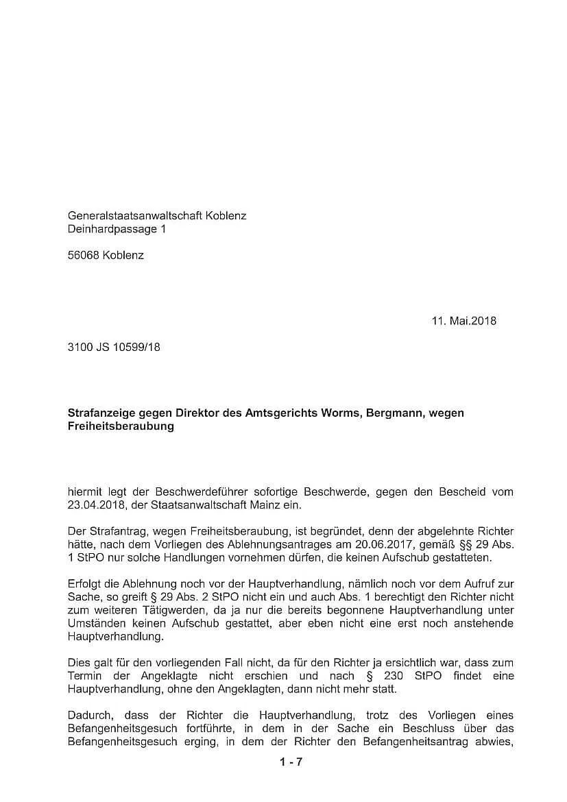 Sofortige Beschwerde Staatsanwaltschaft Mainz Freiheitsberaubung Richter Bergmann Generalstaatsanwaltschaft Koblenz-1