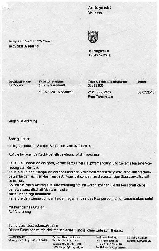 Strafantrag durch Udo Keil Bexbach beim Amtsgericht Worms nach Beleidigungsanzeige bei Staatsanwaltschaft Mainz Seite-1