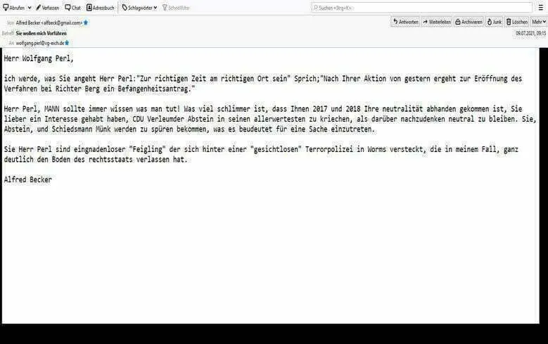 Strafanzeige wegen Beleidigung in E-Mail durch Wolfgang Perl VG-Eich
