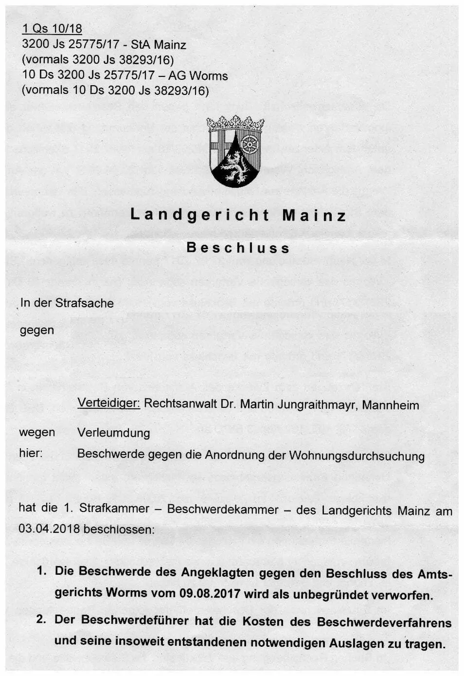 Beschluss Landgericht Mainz 03.04.2018 Beschwerde Wohnungsdurchsuchung Richter Koch Richter Poetsch Richter Althaus-01
