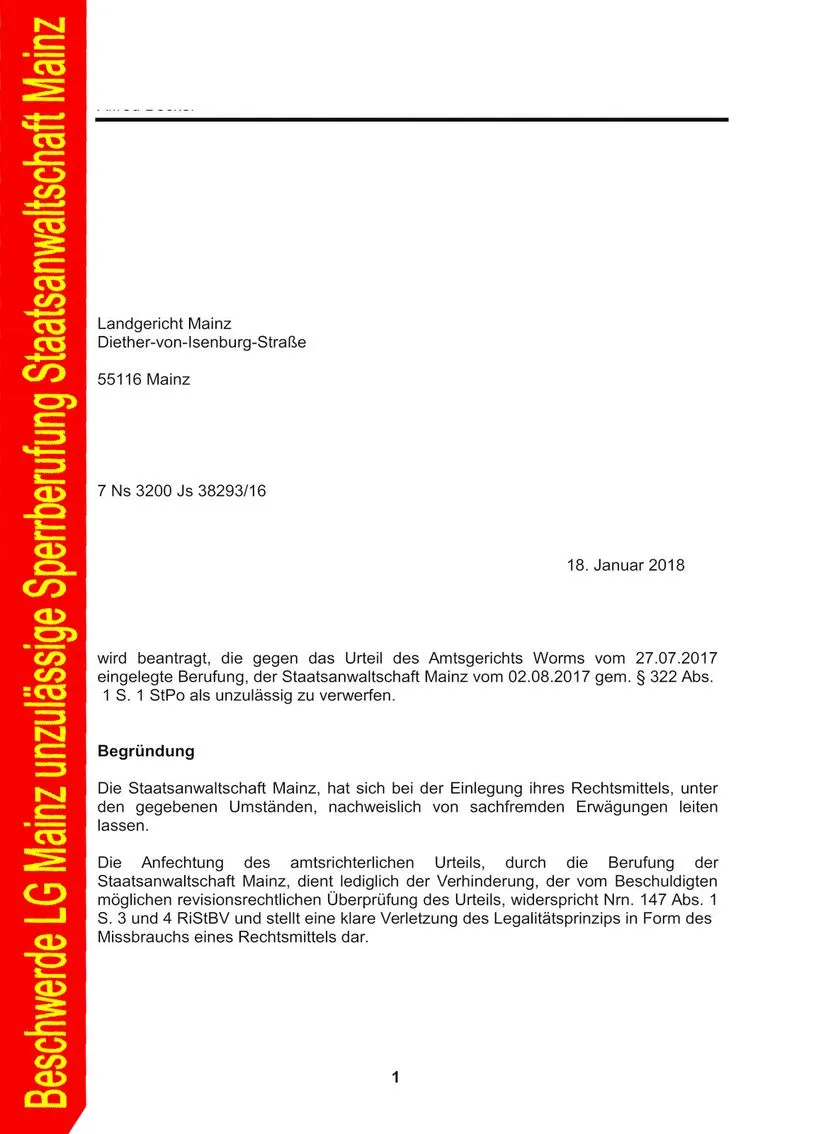 Beschwerde Unzulässige Sperrberufung Staatsanwaltschaft Mainz Rainer Hofius Barbara Euler Nadine Moormann Alexandra Ernst und Andrea Keller-01